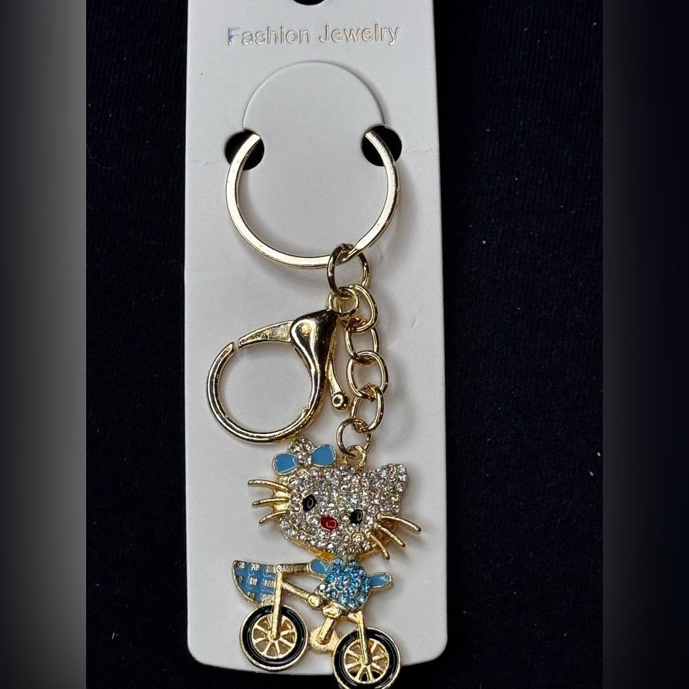Mint BAG CHARM Sparkly Cat on Bicycle Keychain/Purse Charm Blue